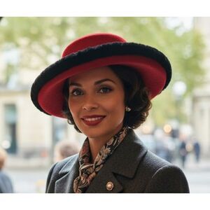 Kathy Jeanne Vintage Hat Brown 100% Wool Red Black Fur Trim Womens Made In USA